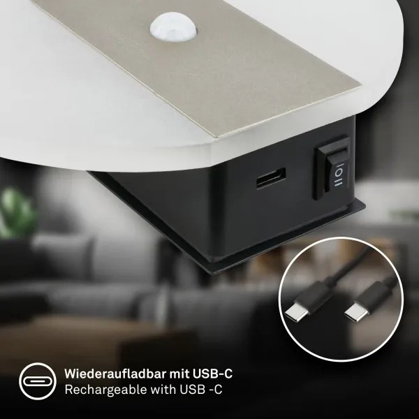 Briloner 3889012 - Aplica LED reîncărcabilă de perete cu senzor TARO, 2,5 W/5 V, 1800 mAh, finisaj mat