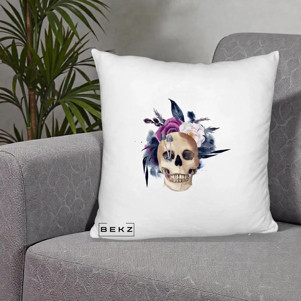 Perna Decorativa Craniu Floral cu Trandafiri si Ciuperci, 40x40 cm, Alb Pufos, Husa Detasabila, Perna Inclusa, BEKZ®