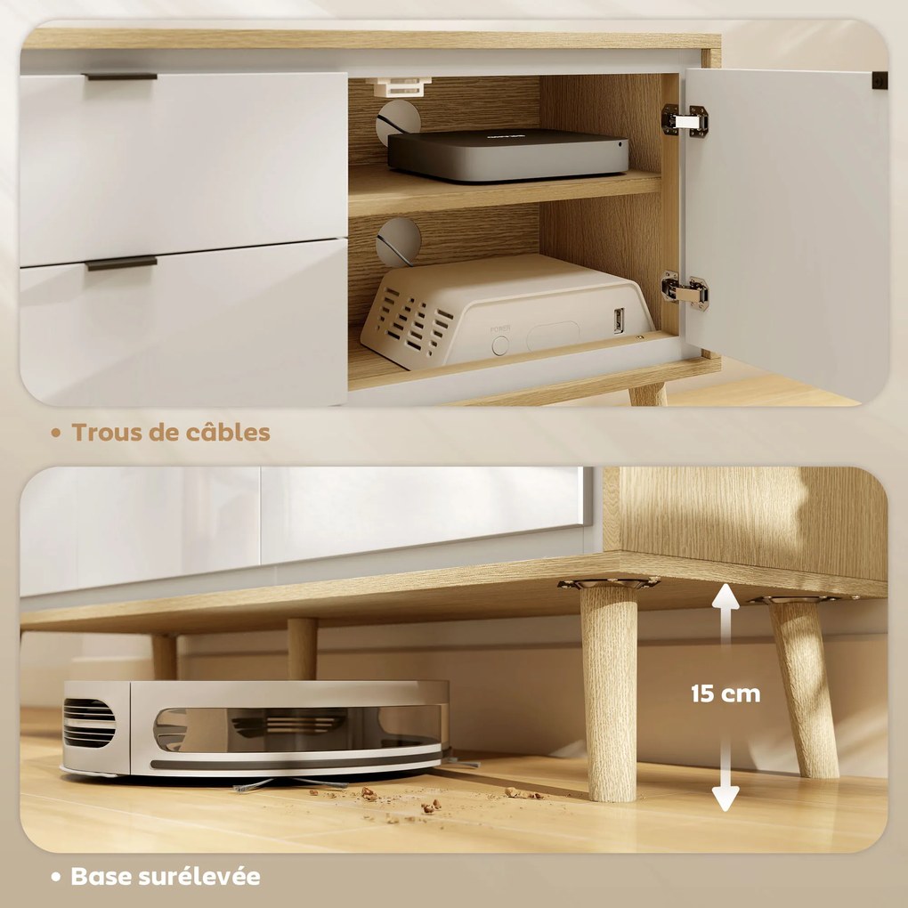 HOMCOM Dulap TV, pentru televizoare până la 140 cm, 2 uși lucioase, 2 sertare silențioase, 120 x 35 x 50 cm, alb | Aosom Romania