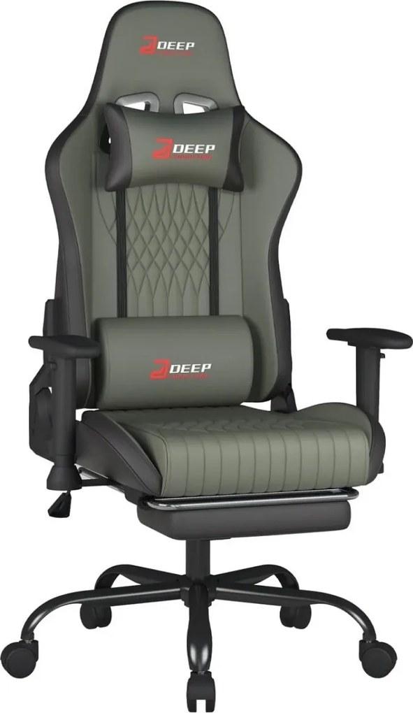 Scaun gaming, Pernă lombară cu Masaj vibrator, Suport pentru picioare, Cotiere 2D, piele PU, Gri