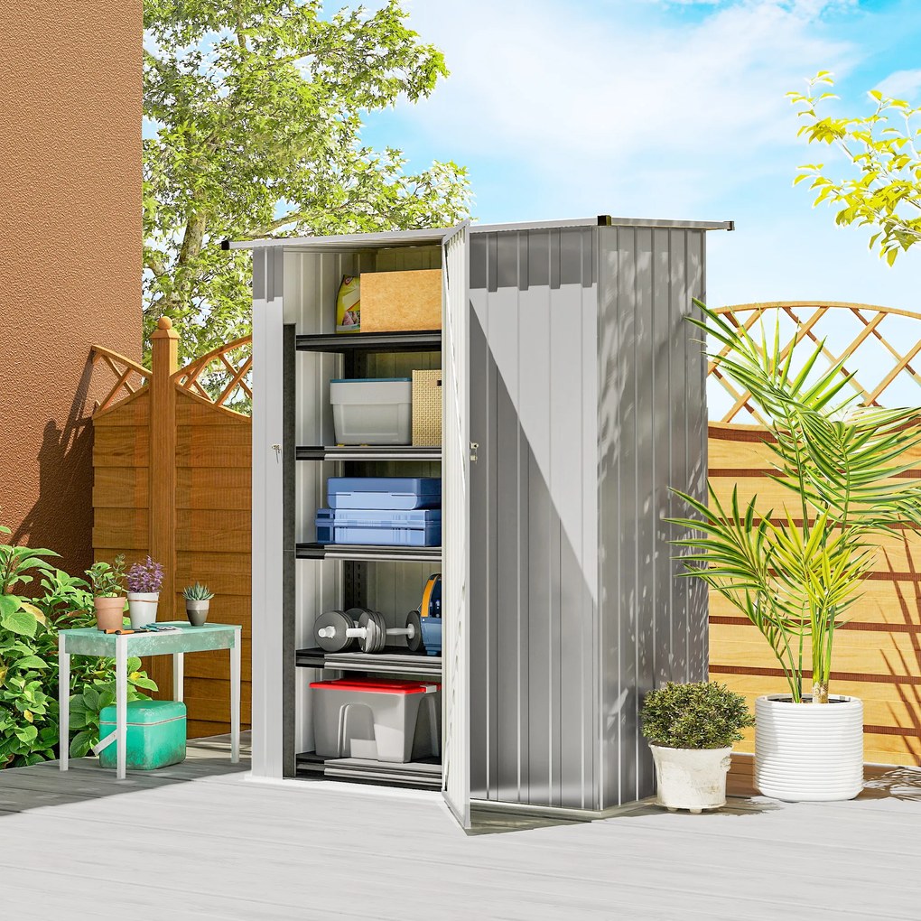Outsunny Șopron de Grădină 1,07m² din Oțel Galvanizat, Depozit pentru Unelte cu Ușă Blocabilă și Acoperiș Înclinat, 142x86x189 cm, Argintiu | Aosom Romania