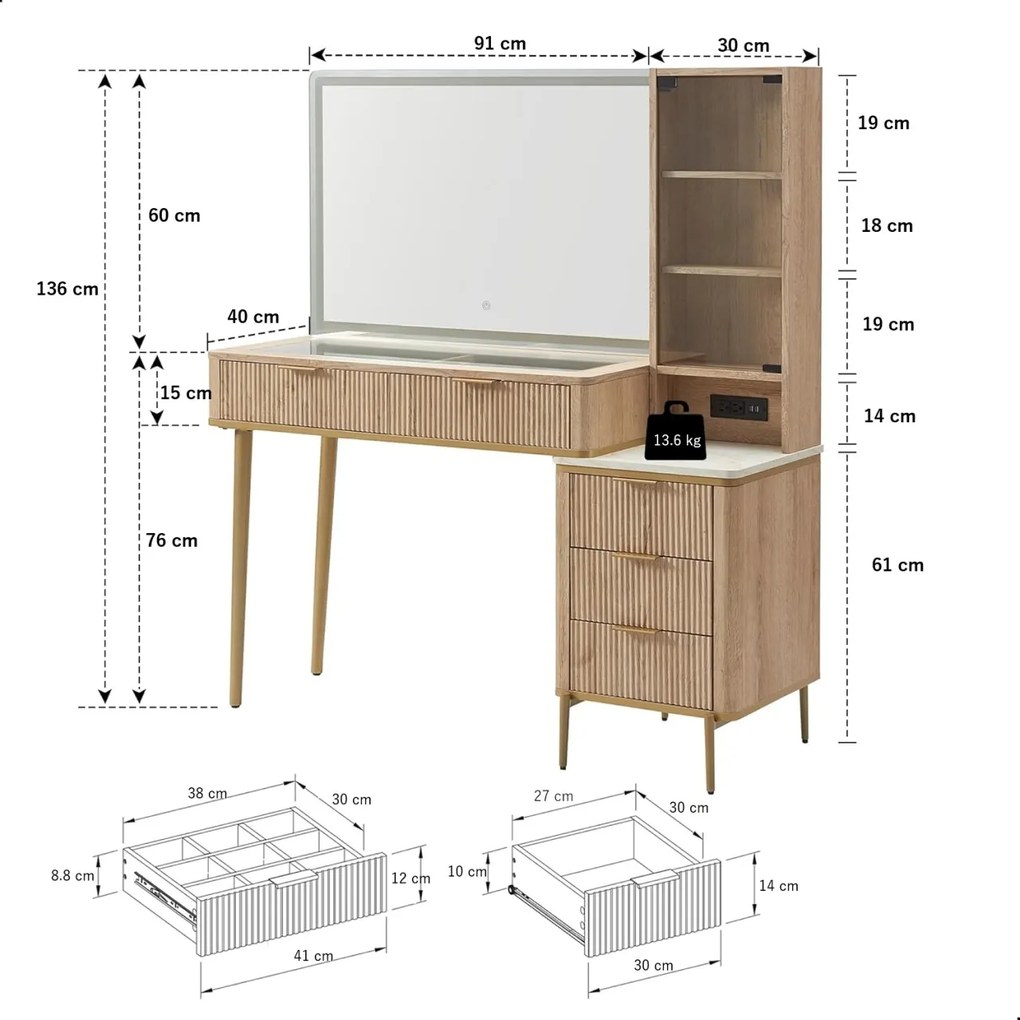 Masuta machiaj cu Oglinda LED si 5 Sertare pentru Cosmetice, Set Masa toaleta 122 cm, Alb, Antracit sau Culoarea Stejar, masuta cosmetica cu Riflaj,