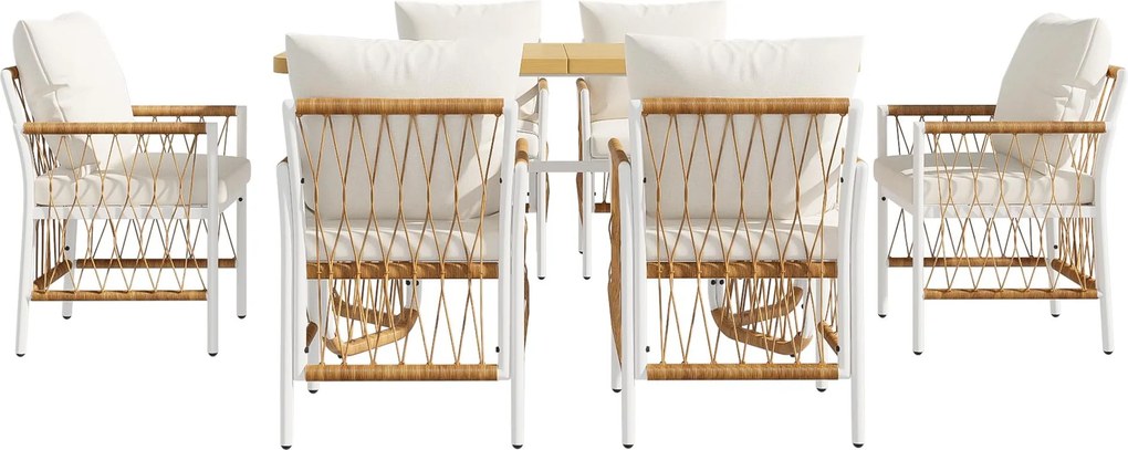 Set modern de mobilier de grădină, 7 piese, cadru alb din fier cu cotiere împletite, 1 masă+6 scaune, Bej+Culoare naturală