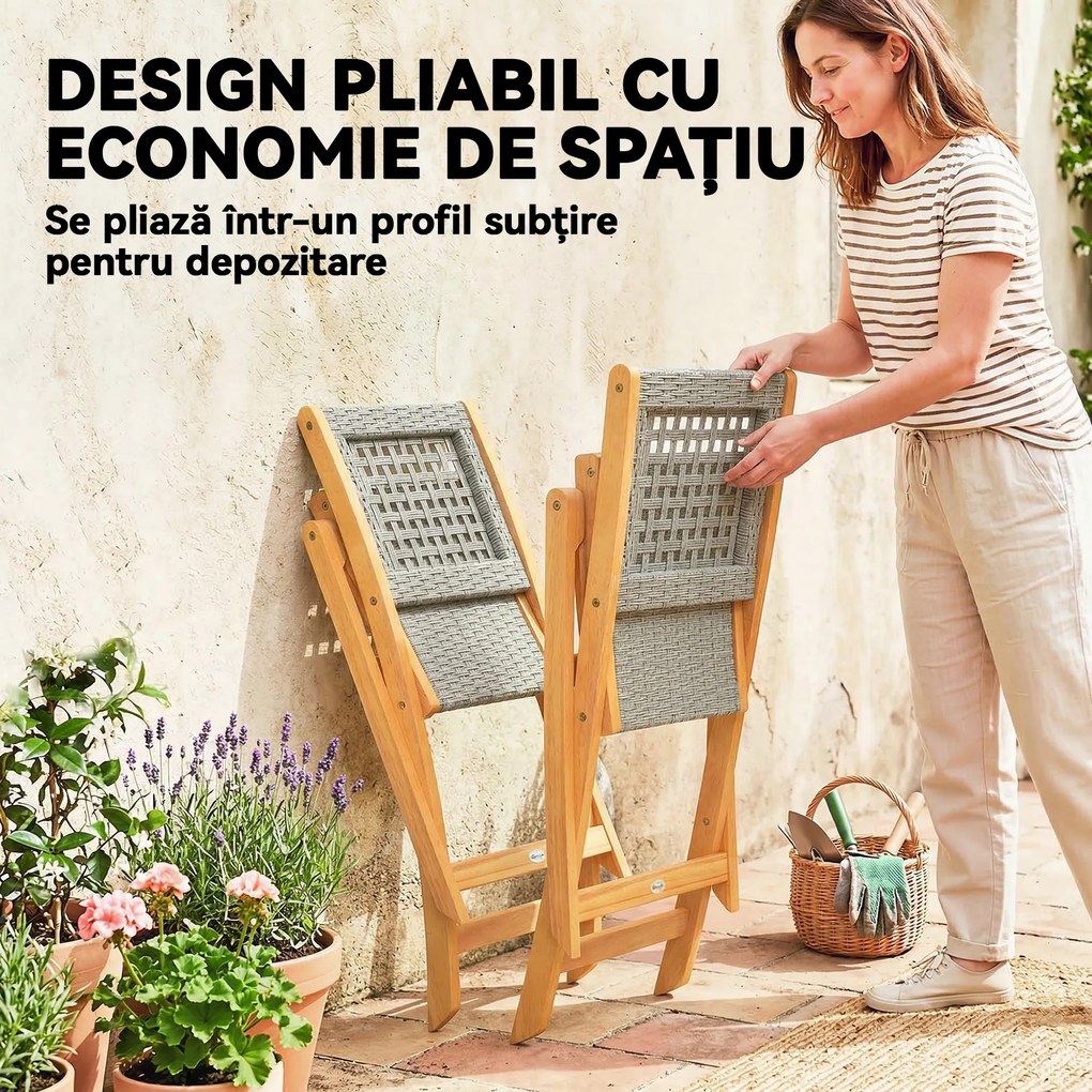Outsunny Set de 2 Scaune de Grădină din Ratan PE, Scaune Pliabile de Exterior, Structură din Lemn de Salcâm, pentru Balcon, Terasă, Suport până la 160 kg, Gri | Aosom Romania