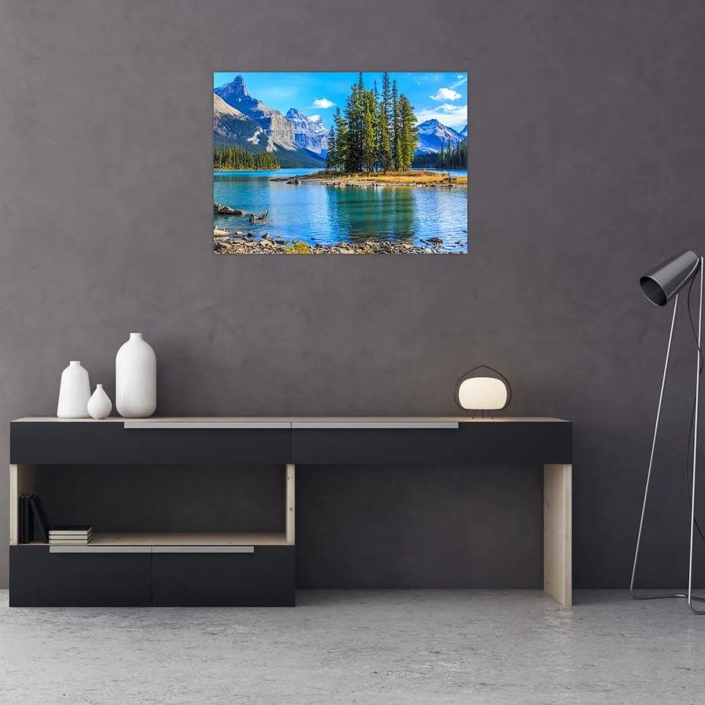 Tablou pe sticlă - Peisaj montan cu râu (70x50 cm)