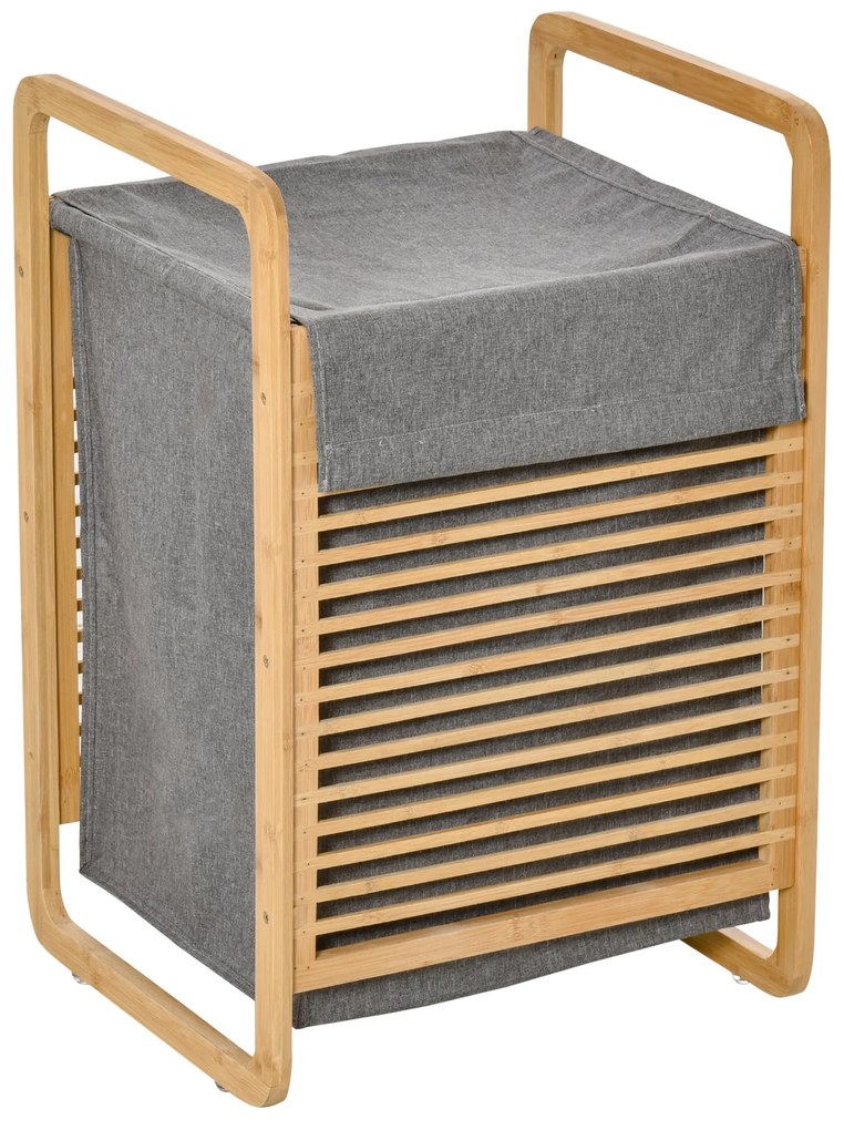 HOMCOM Coș de Rufe Stil Nordic, Mobilier Baie din Bambus și Pânză, Sac Detașabil, 40x35.5x60.5cm, Lemn și Gri | Aosom Romania