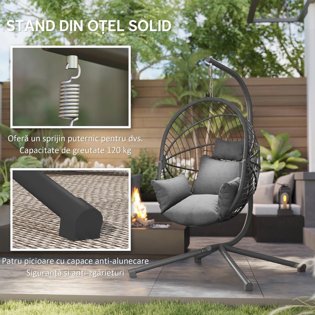 Outsunny Scaun Suspendat Ou, Inclusiv Pernă, Fotoliu, 120 cm x 106 cm x 188 cm, Gri | Aosom Romania