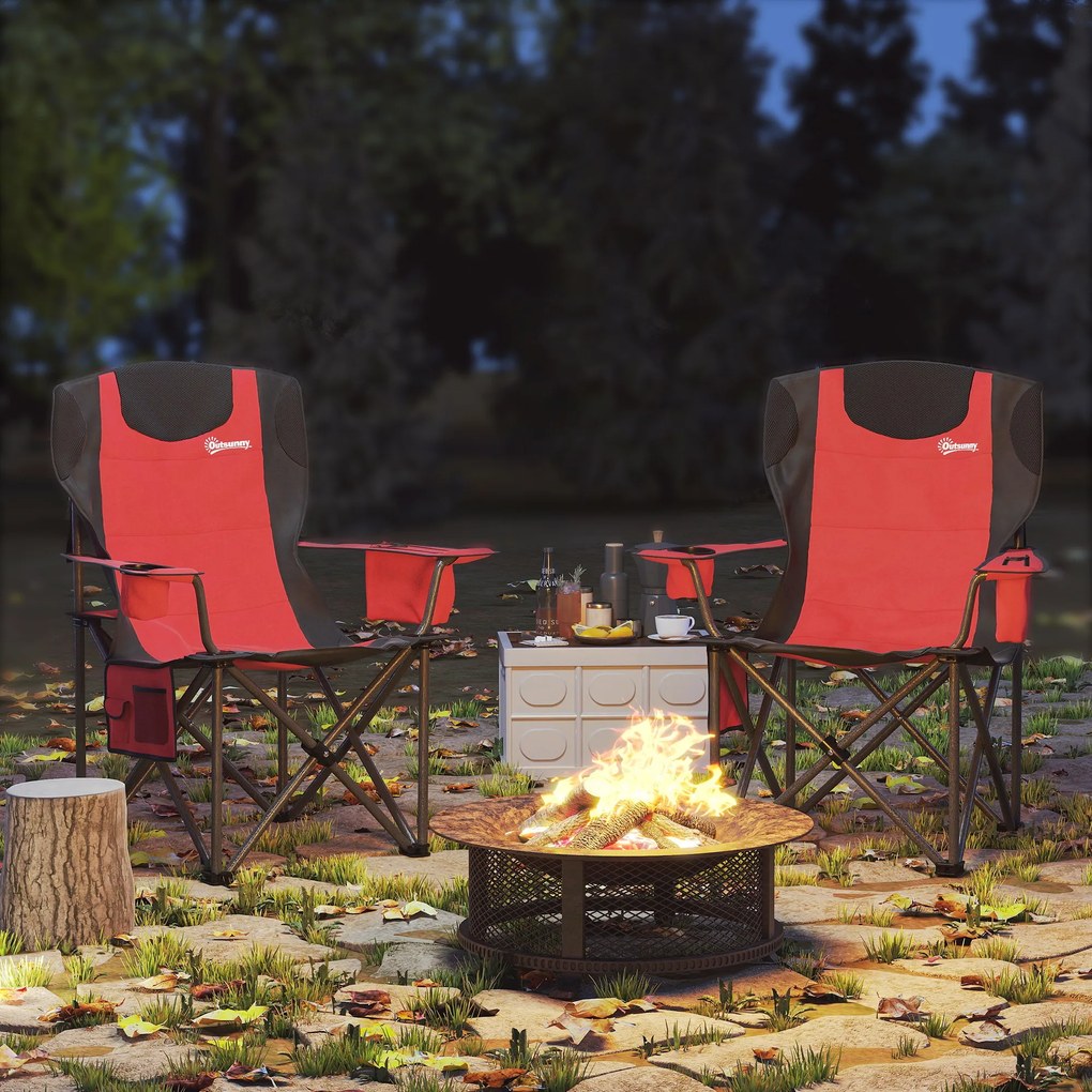 Outsunny Set 2 Scaune de Camping Pliabile cu Geantă Frigorifică, Suport pentru Pahare și Tetieră, 94x62x100 cm, Roșu | Aosom Romania