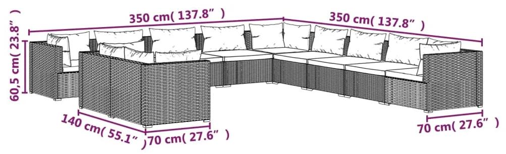 Set mobilier de gradina cu perne, 11 piese, maro, poliratan maro si rosu scortisoara, 5x colt + 6x mijloc, 1