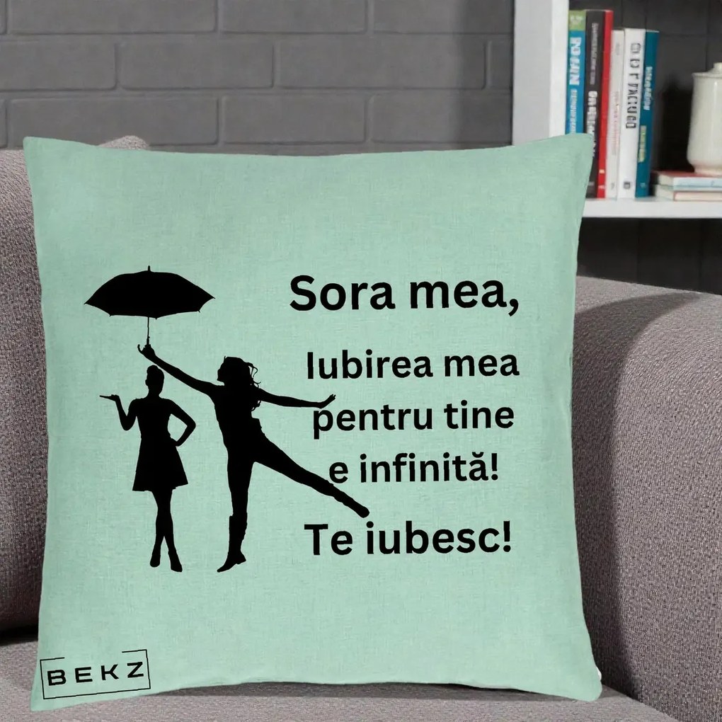 Cadou pentru Sora - Perna Personalizata Sora Mea Te Iubesc Siluete Negre cu Umbrela, 40x40 cm, Verde Menta, Husa Detasabila, Perna Inclusa, BEKZ®