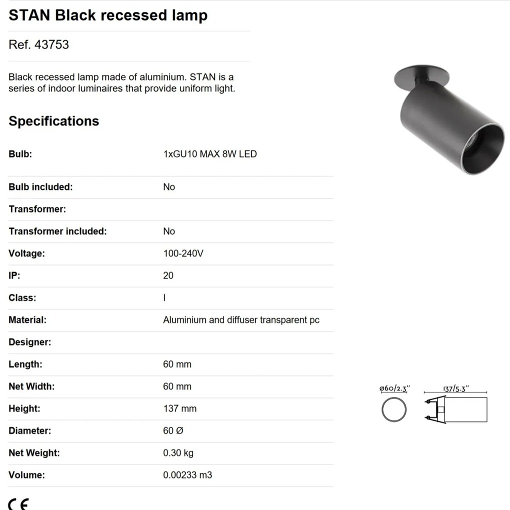 Spot incastrabil tavan / perete design modern STAN negru