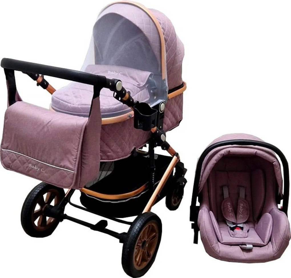 Carucior nou nascuti 3 in 1 Baby Care™ PRO 530, Cu geanta bebe, Cadru Aluminiu , Amortizoare, Roti din cauciuc plin AVE, Landou, Scoica auto, Spatar