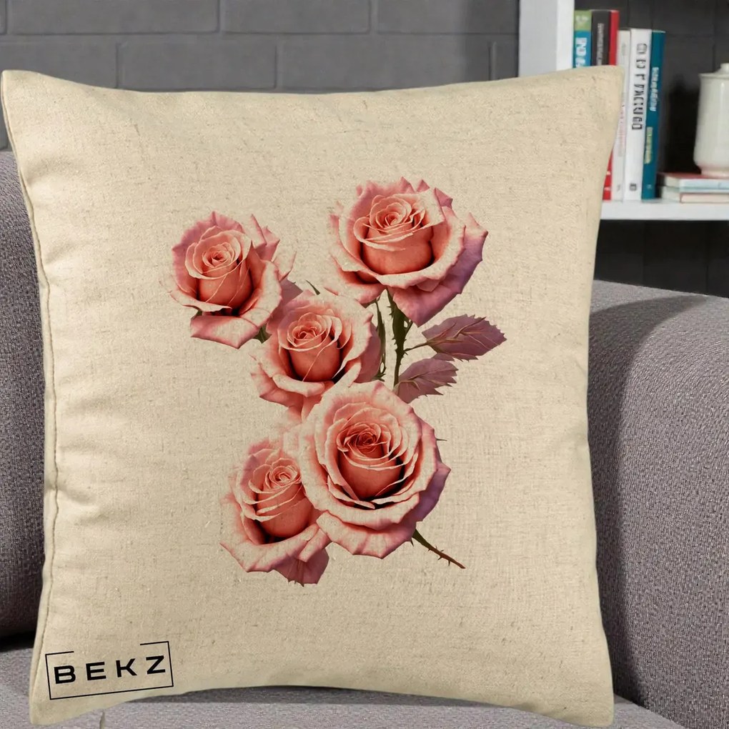Perna Decorativa Trandafiri Roz Pastel Acuarela, 40x40 cm, Bej, Husa Detasabila, Perna Inclusa, BEKZ®