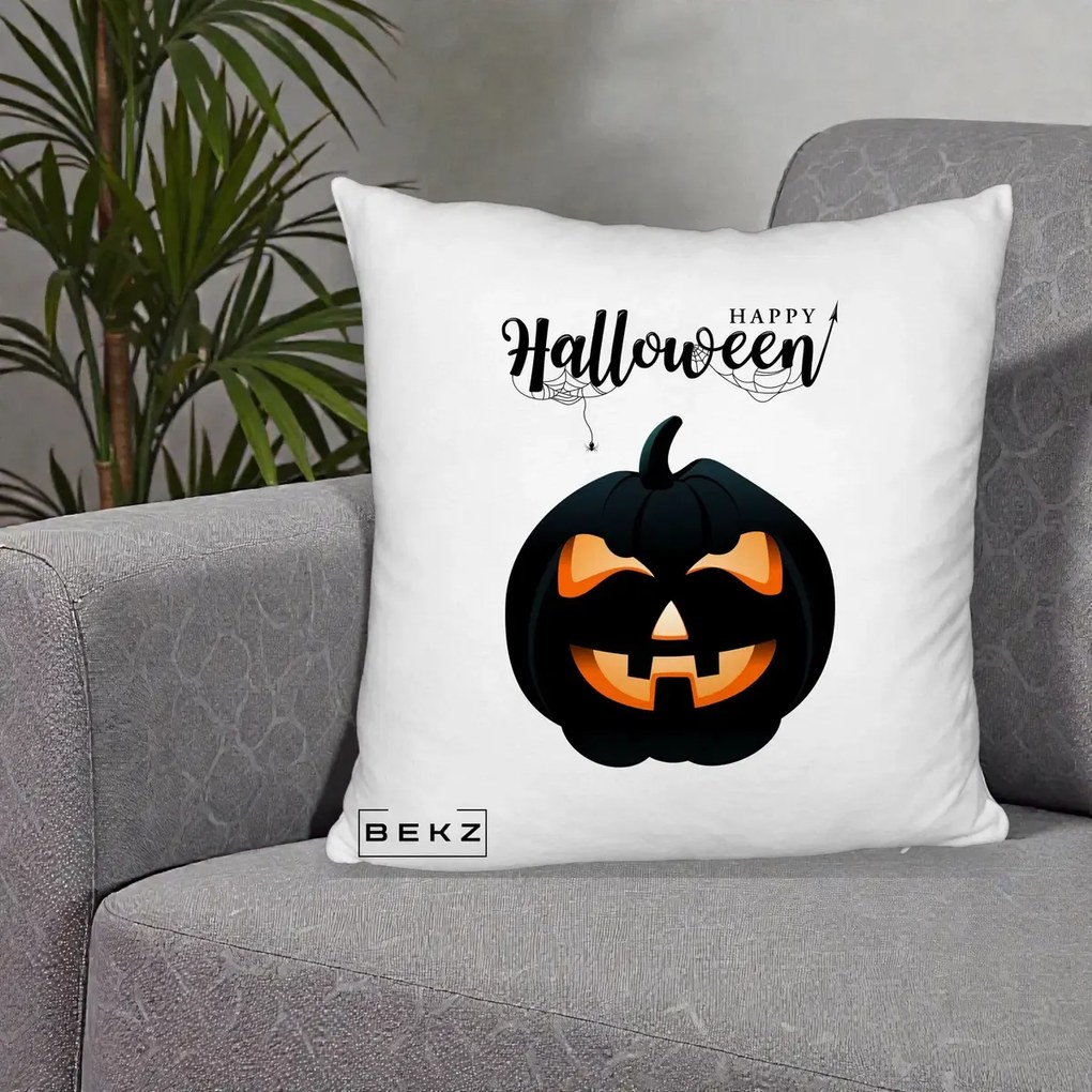 Perna Decorativa Happy Halloween Dovleac Negru cu Paianjen, 40x40 cm, Alb Pufos, Husa Detasabila, Perna Inclusa, BEKZ®