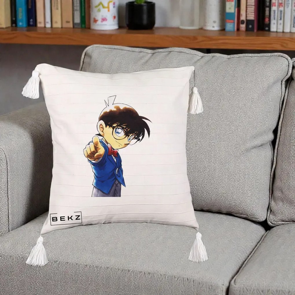 Perna Personalizata Detective Conan Conan Arata, 40x40 cm, Bej cu Franjuri, Husa Detasabila, Perna Inclusa, BEKZ®