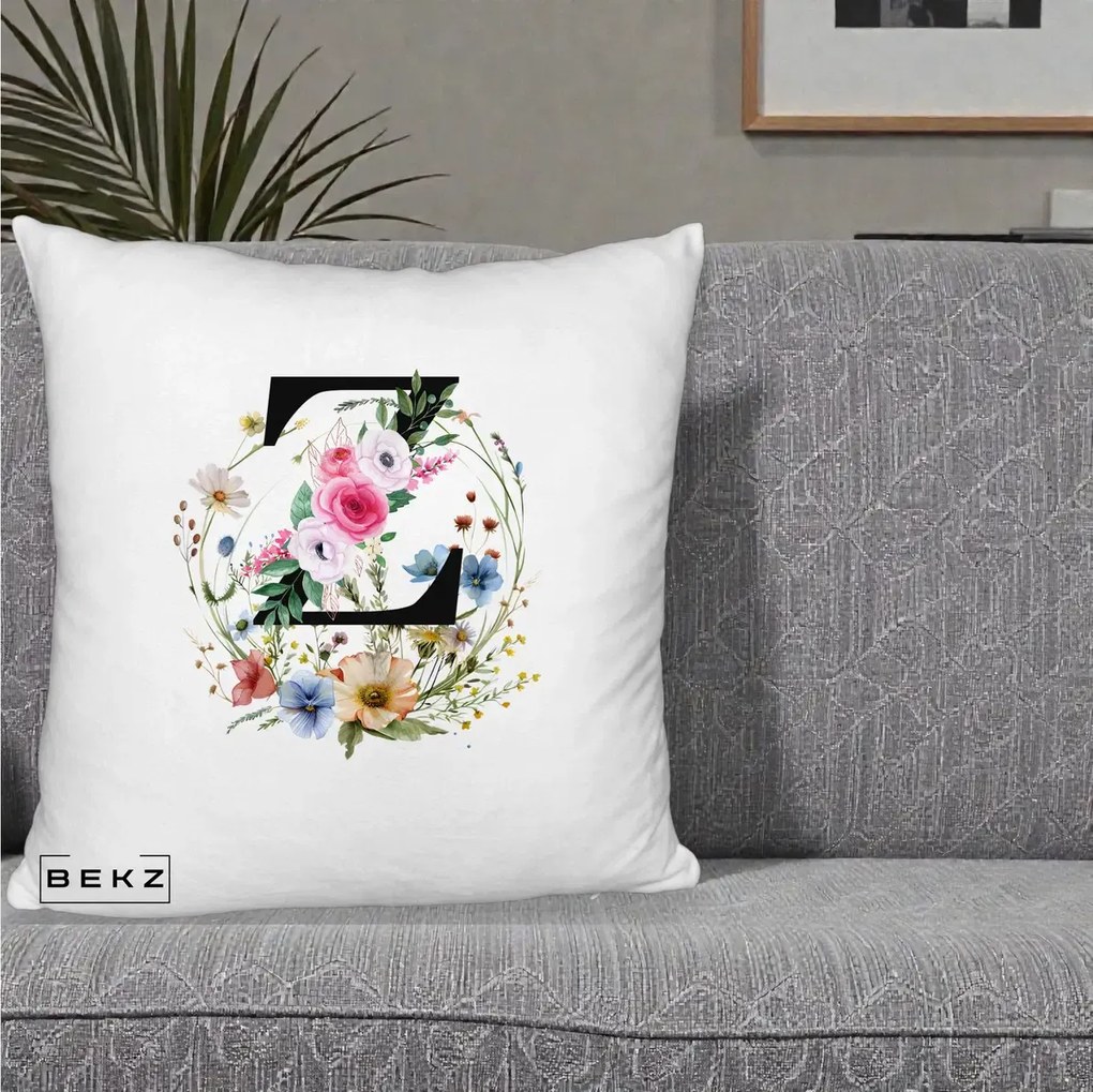 Cadou Personalizat - Perna Personalizata Monograma Florala Litera Z cu Coroana, 40x40 cm, Alb Pufos, Husa Detasabila, Perna Inclusa, BEKZ®