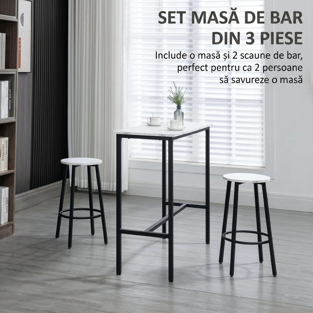 HOMCOM Set Masă și 2 Scaune de Bar din PAL, MDF și Oțel, 100x40x90 cm, Alb și Negru | Aosom Romania