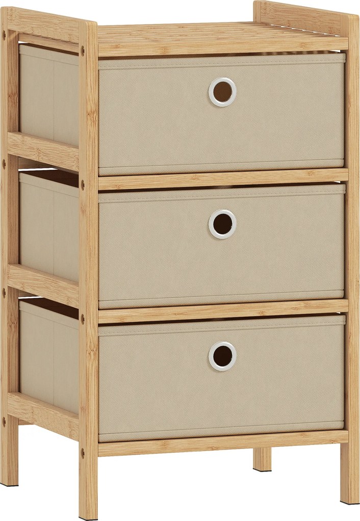 HOMCOM Comodă cu 3 Sertare din Material Textil Structură din Bambus Comodă pentru Spații Mici Crem și Natural | Aosom Romania
