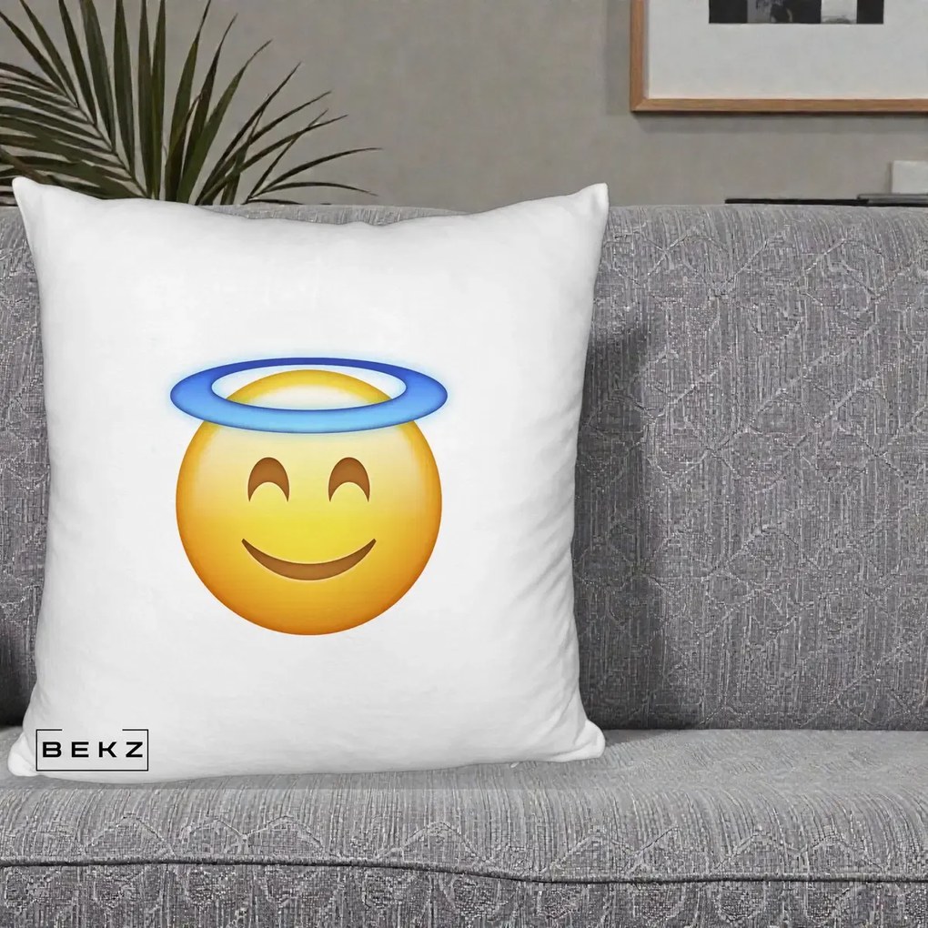 Perna Decorativa Emoji Inger cu Aureola, 40x40 cm, Alb Pufos, Husa Detasabila, Perna Inclusa, BEKZ®