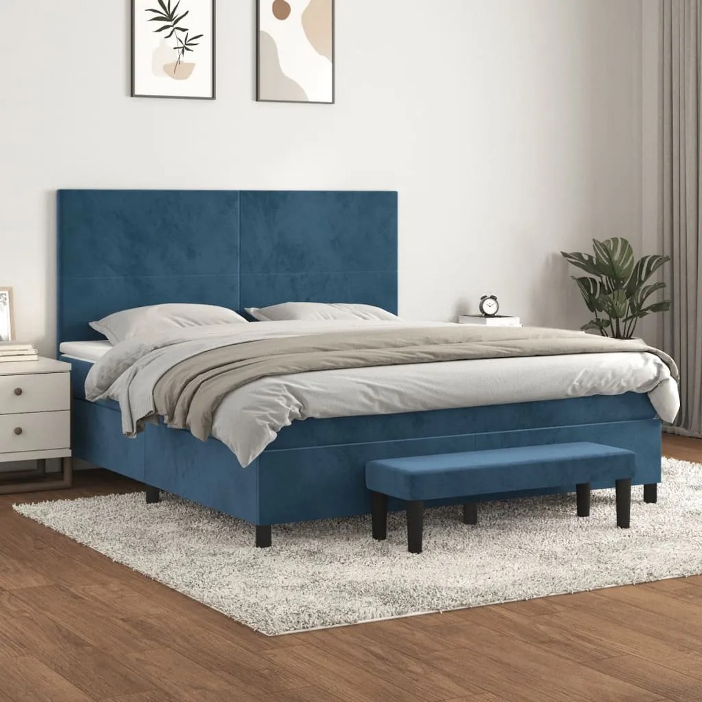 Pat box spring cu saltea, albastru inchis, 180x200 cm, catifea Albastru inchis, 180 x 200 cm, Design simplu