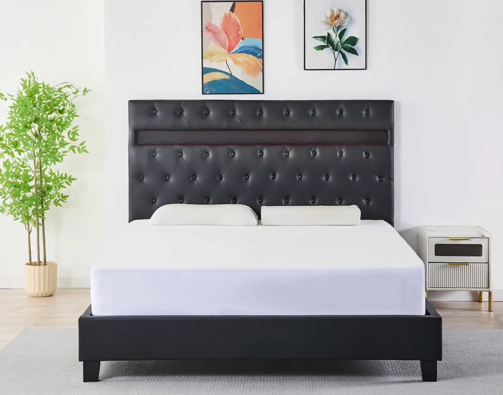 Pat Tapitat Catifea cu Iluminare LED, Somiera si Saltea Inclusa ,   Negru 160x200 cm   Cod FB-18