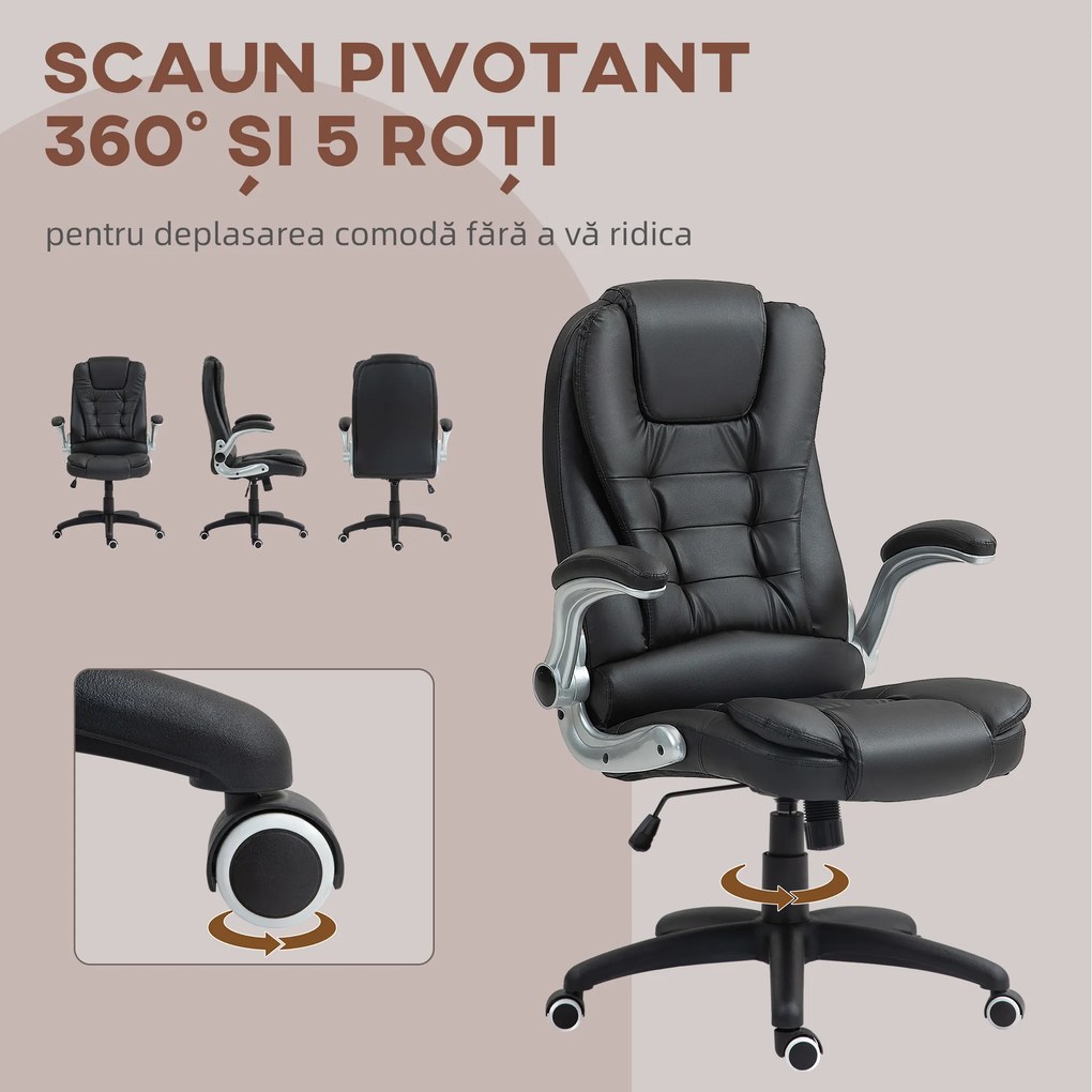 HOMCOM Scaun Ergonomic de Birou cu Brațe și Înălțime Reglabile, Tetieră, și Funcție de Balans, 111-121x60x69 cm, Negru | Aosom Romania