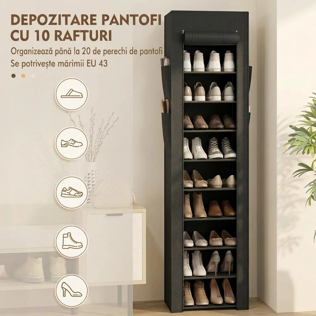 HOMCOM Pantofar 10 Etajere, Cover Antipraf, 20 Perechi, 45 x 30 x 175 cm, Negru | Aosom Romania