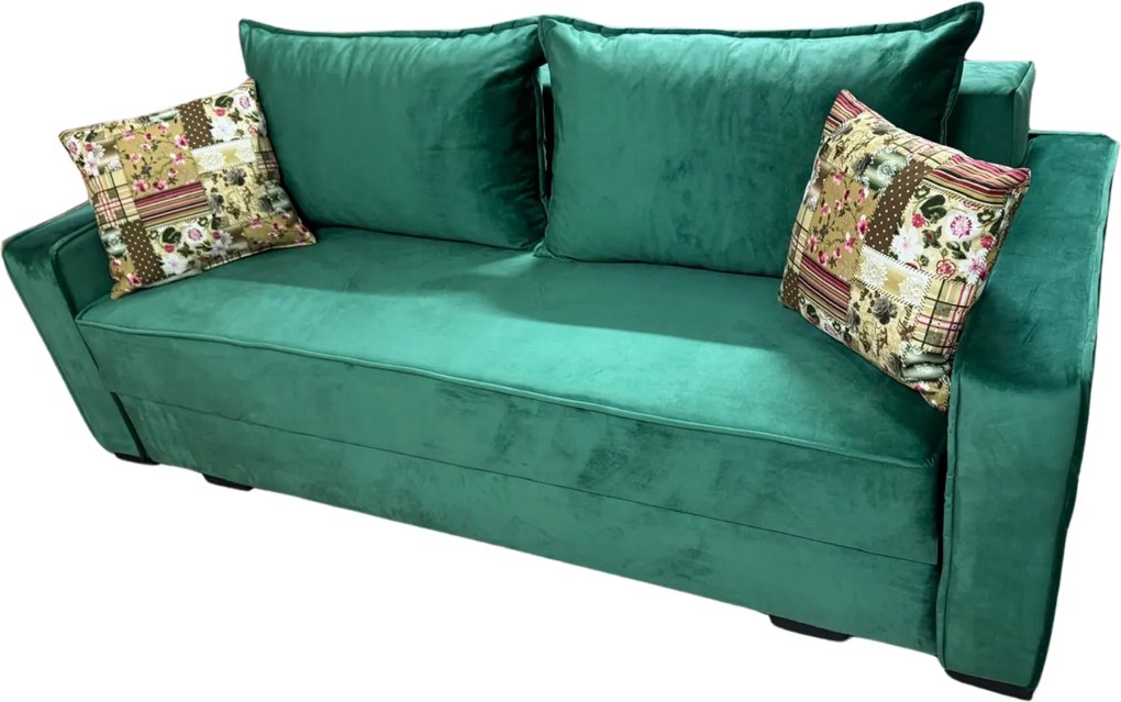 Canapea LARISA extensibila, 3 locuri, cu lada de depozitare, catifea verde smarald , 220x95x85 Verde Smarald, Catifea