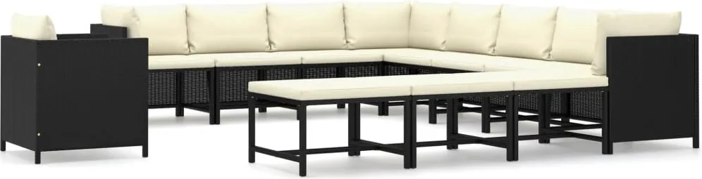 vidaXL Set mobilier de grădină cu perne, 12 piese, negru, poliratan