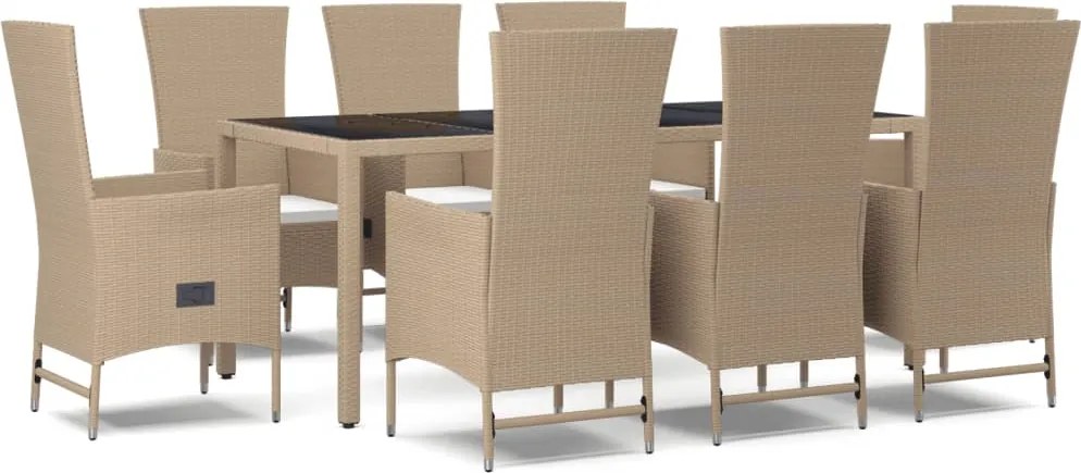 vidaXL Set de masă pentru grădină, 9 piese, cu perne, bej, poliratan
