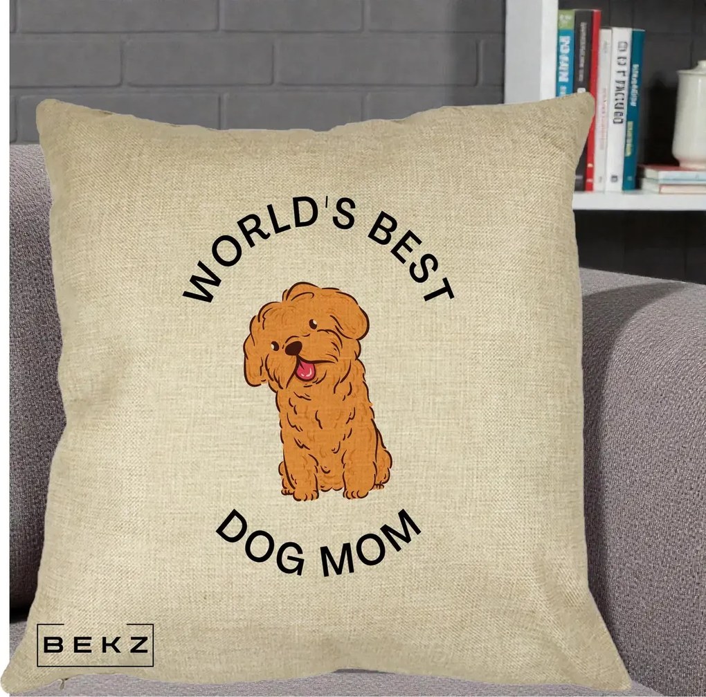 Cadou pentru Iubitorii de Caini - Perna Personalizata World's Best Dog Mom, 40x40 cm, Crem, Husa Detasabila, Perna Inclusa, BEKZ®