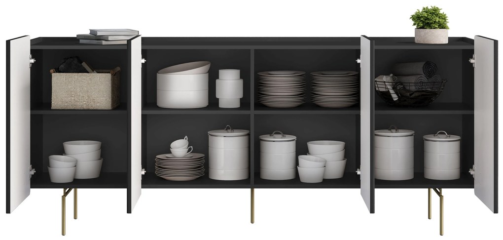 Comodă cu patru uși Malmi 200 cm - negru mat / picioare aurii