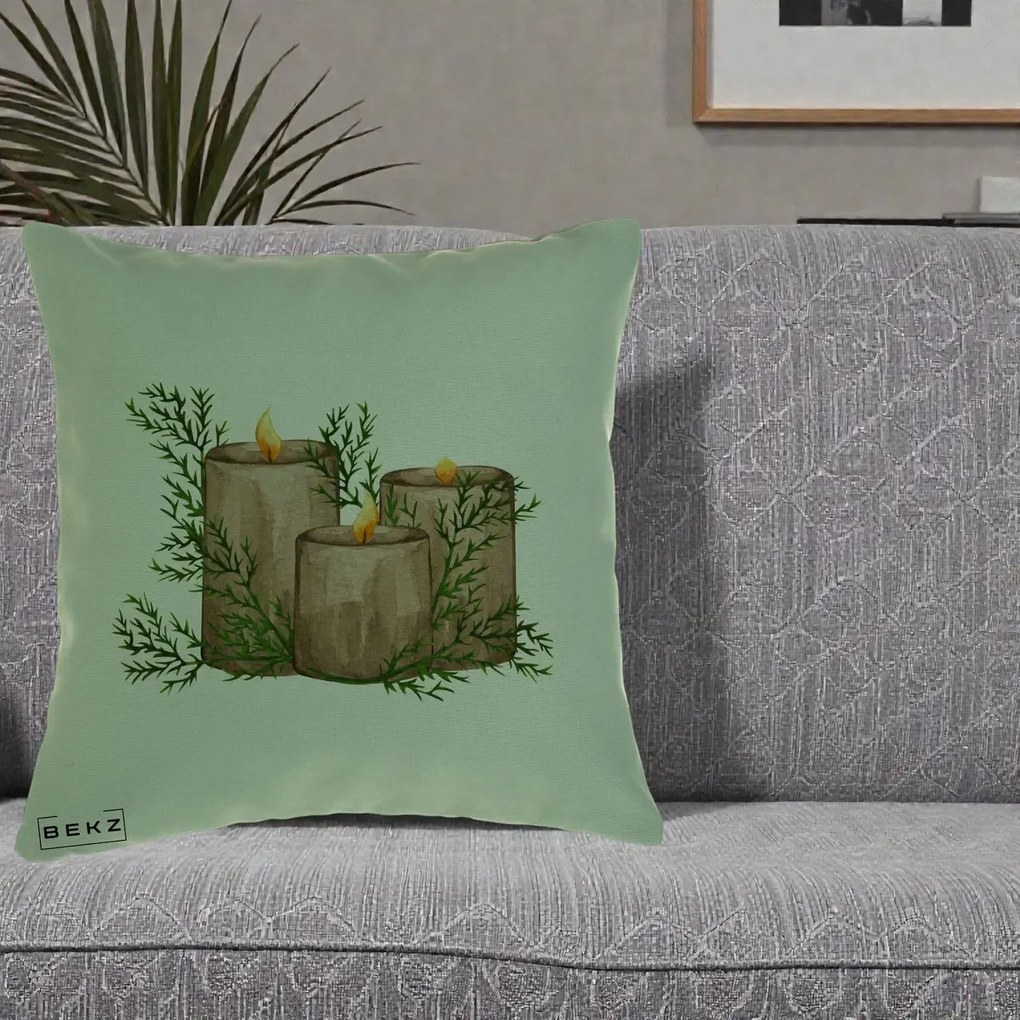 Perna Decorativa Lumanari Rustice cu Crengute Brad, 40x40 cm, Verde, Husa Detasabila, Perna Inclusa, BEKZ®