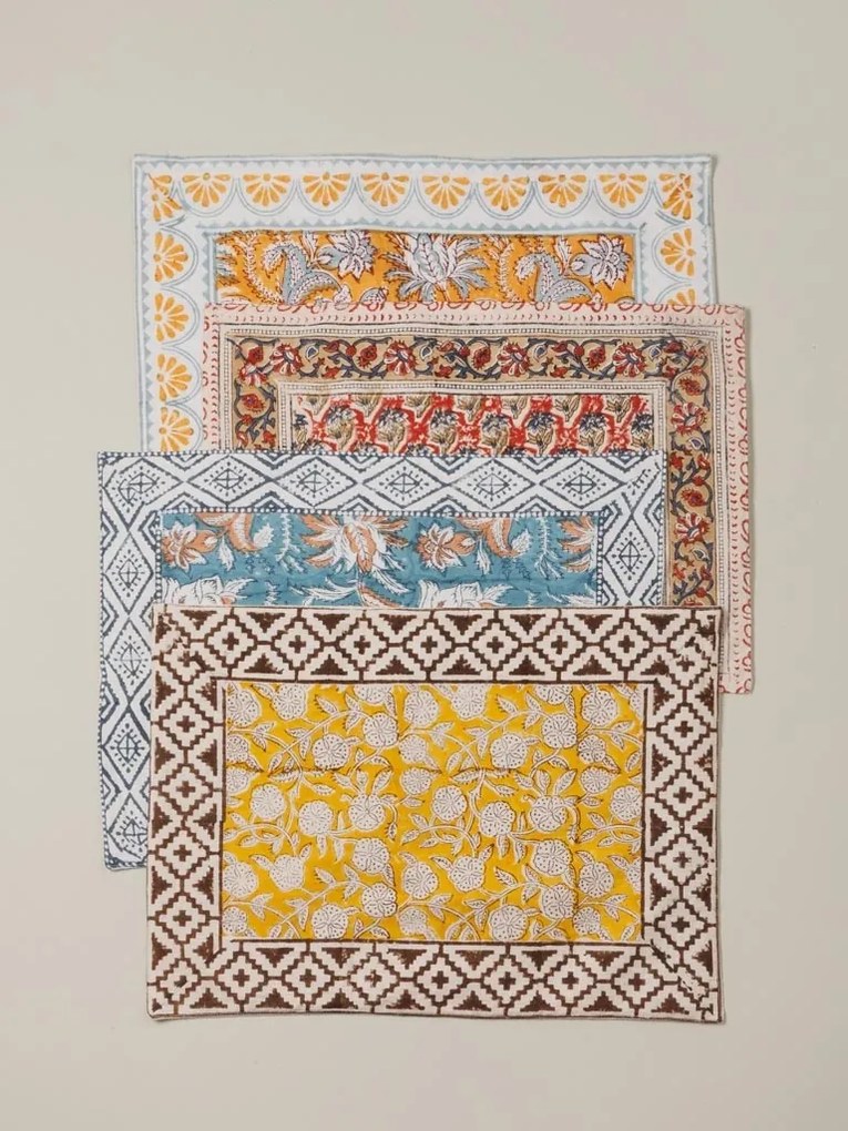 Set 4 protectii pentru masa, din bumbac, Blockprint