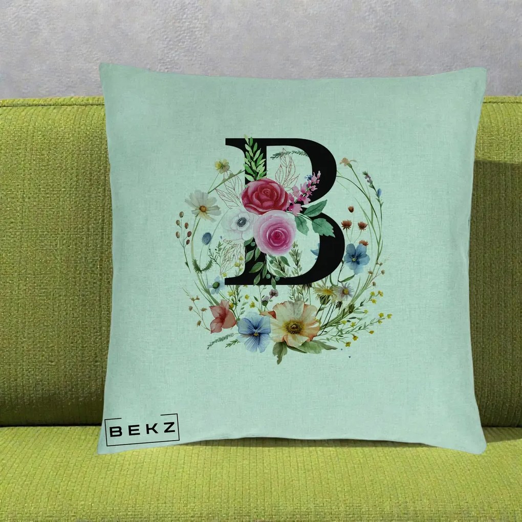 Cadou Personalizat - Perna Personalizata Monogram Litera B cu Flori Acuarela, 40x40 cm, Verde Menta, Husa Detasabila, Perna Inclusa, BEKZ®
