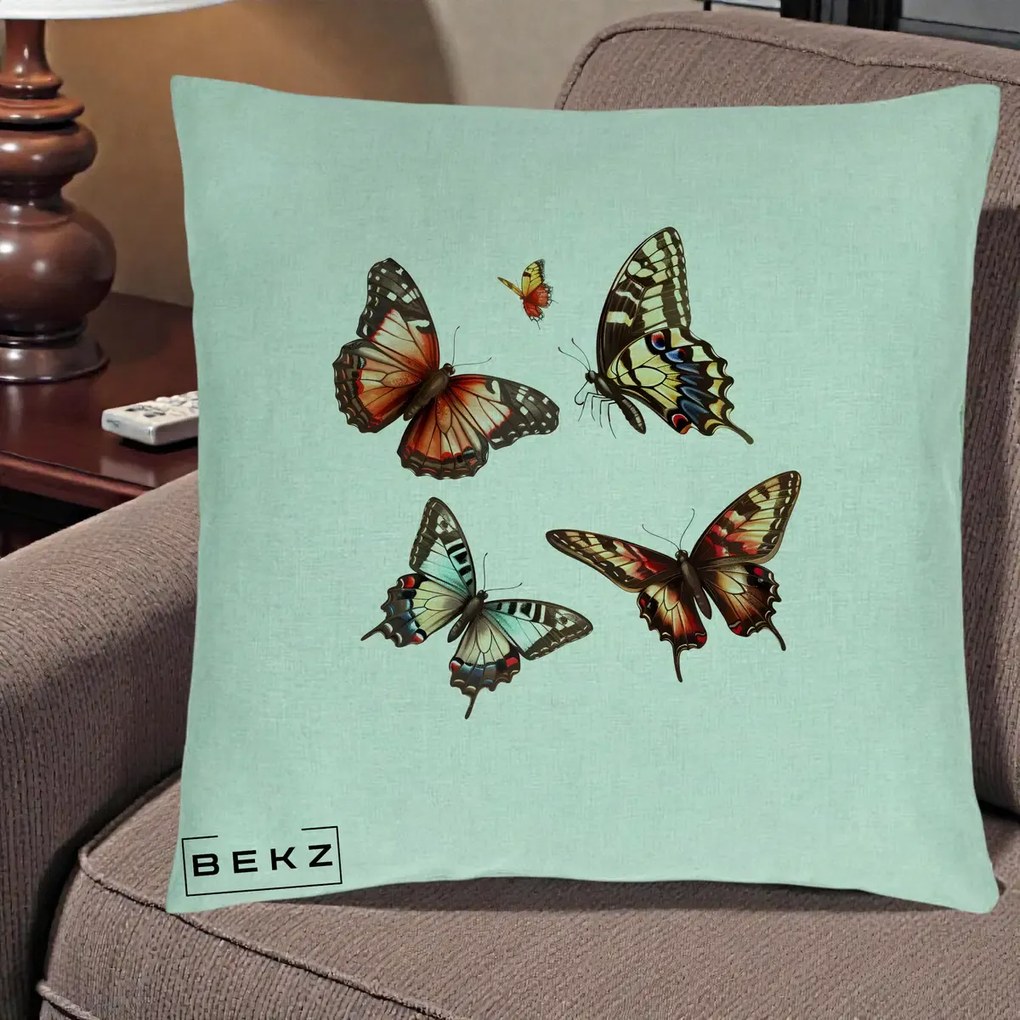 Perna Decorativa Colectie Fluturi Multicolori, 40x40 cm, Verde Menta, Husa Detasabila, Perna Inclusa, BEKZ®