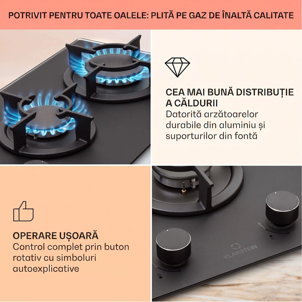 Klarstein Firetale plită cu gaz 2 arzătoare, arzător din aluminiu, gaz natural/propan, inclus furtun și reductoare de presiune