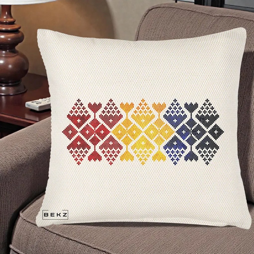 Perna Personalizata Motiv Tricolor Romanesc Broderie, 40x40 cm, Crem Reliefat, Husa Detasabila, Perna Inclusa, BEKZ®