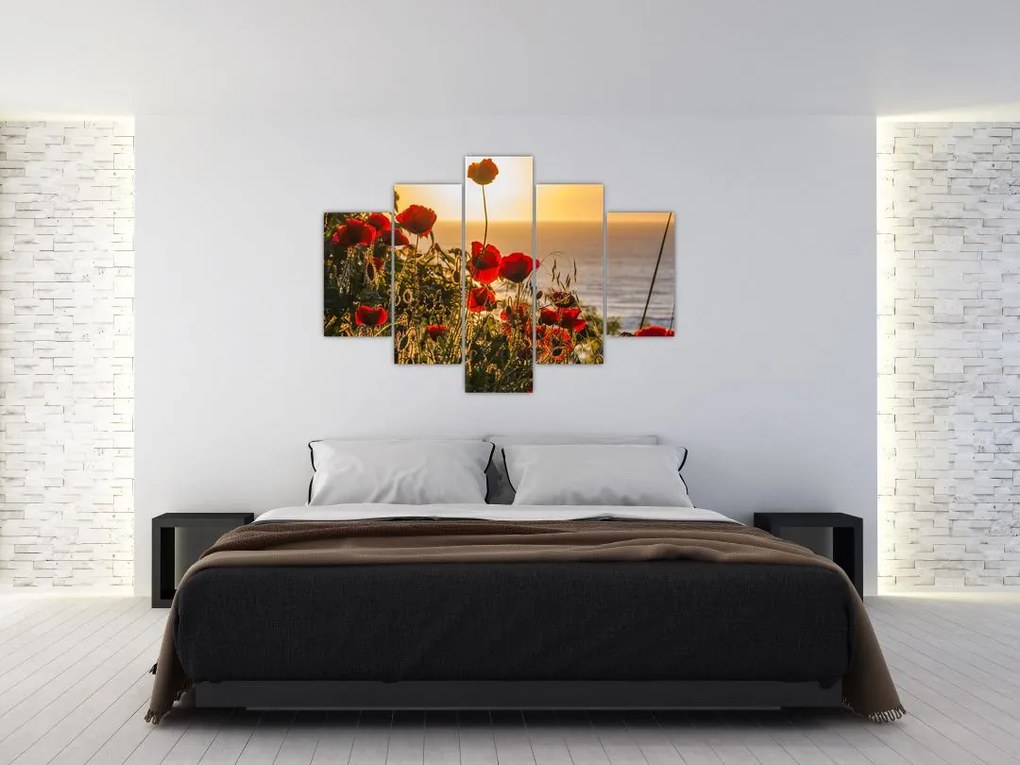 Tablou cu apus de soare cu flori de maci (150x105 cm)