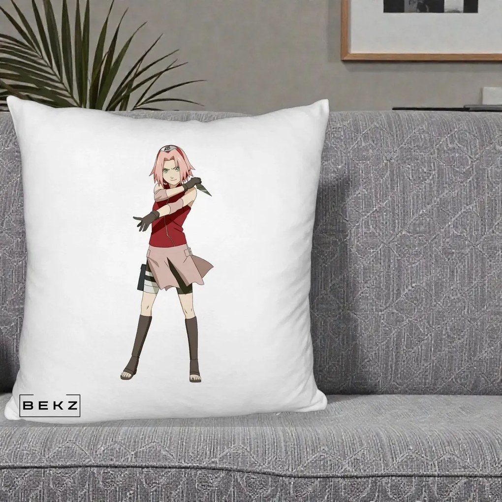 Perna Personalizata Naruto Sakura Haruno Portret, 40x40 cm, Alb Pufos, Husa Detasabila, Perna Inclusa, BEKZ®