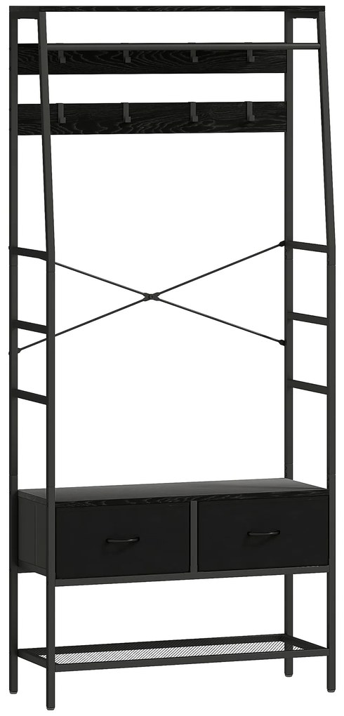 HOMCOM Suport pentru haine industrial cu 2 sertare textile, raft, 8 cârlige și cadru din oțel, 80 x 30 x 180,5 cm, negru | Aosom Romania