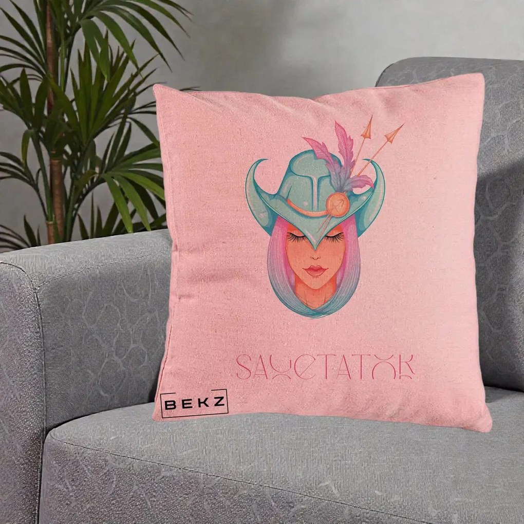 Perna Personalizata Zodiac Sagetator Cowgirl, 40x40 cm, Roz, Husa Detasabila, Perna Inclusa, BEKZ®