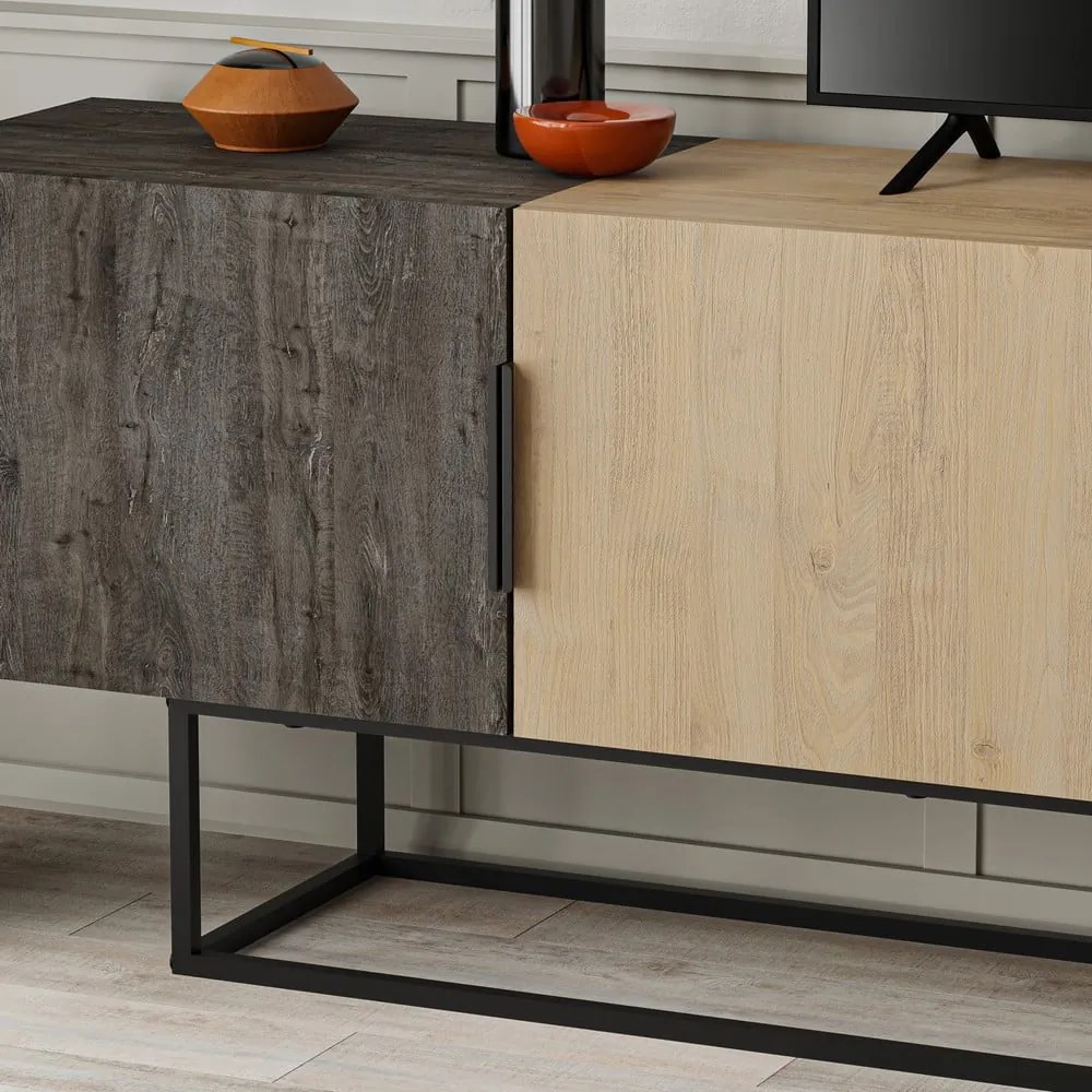 Masă TV în culoare naturală cu aspect de lemn de stejar 200x55 cm Titan – Marckeric