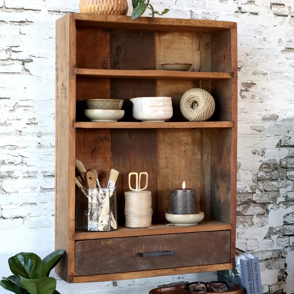 Etajeră de perete din lemn reciclat, natur, cu 2 rafturi și sertar, aspect rustic, 73 x 52 x 15 cm, „Grimaud”