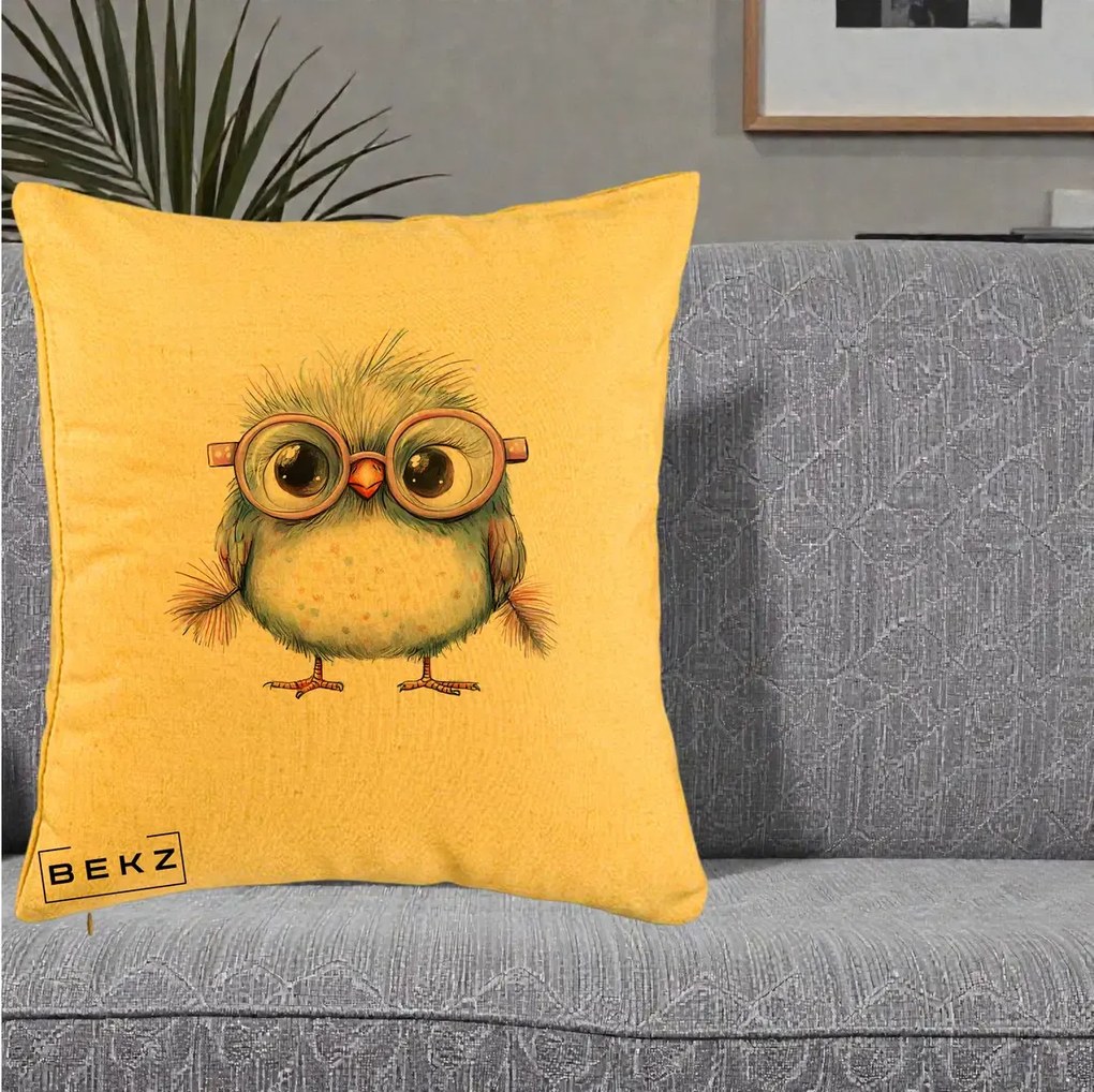 Perna Decorativa Pui Pufos cu Ochelari Roz, 40x40 cm, Galben, Husa Detasabila, Perna Inclusa, BEKZ®