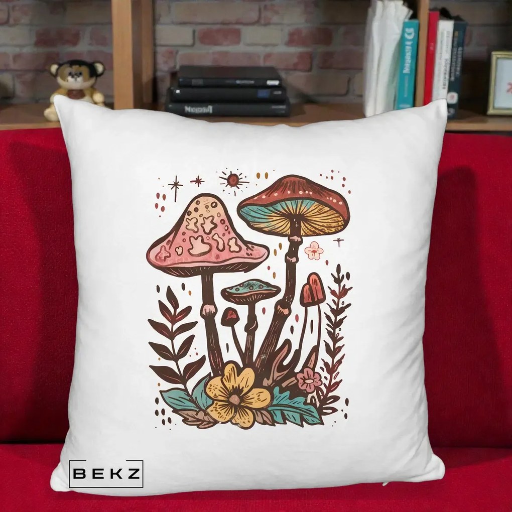 Perna Decorativa Ciuperci Boho Multicolore, 40x40 cm, Alb Pufos, Husa Detasabila, Perna Inclusa, BEKZ®