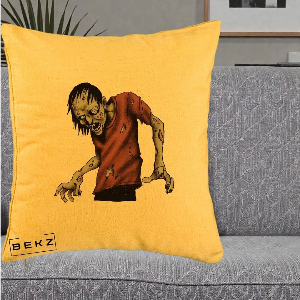 Perna Decorativa Halloween Zombie Infricosator, 40x40 cm, Galben, Husa Detasabila, Perna Inclusa, BEKZ®