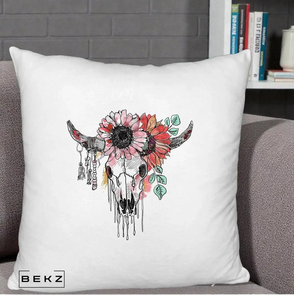 Perna Decorativa Craniu Boho Floral, 40x40 cm, Alb Pufos, Husa Detasabila, Perna Inclusa, BEKZ®