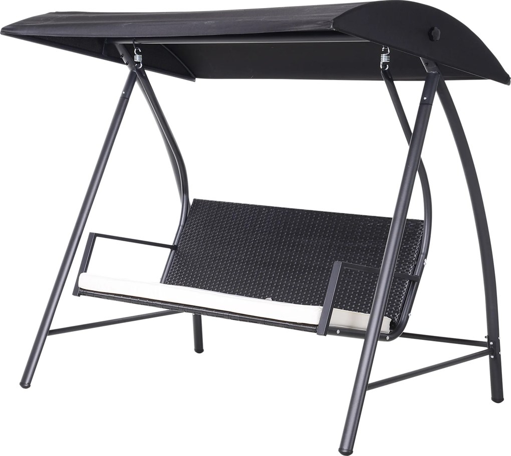 Outsunny Balansoar Hollywood 3 locuri din Polyrattan, balansoar de grădină cu copertină reglabilă, protecție solară, pernă de șezut, bancă suspendată, până la 360 kg, balansoar pentru grădină 198x124x179cm Negru | Aosom Romania