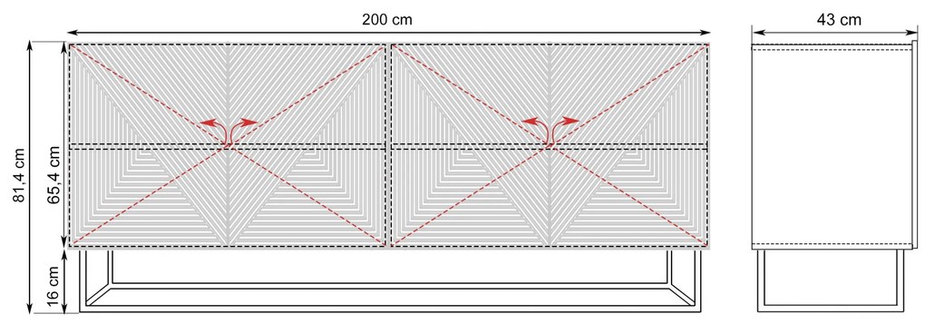 Comoda 200 cm Asha pe bază de metal - artizanal / negru mat